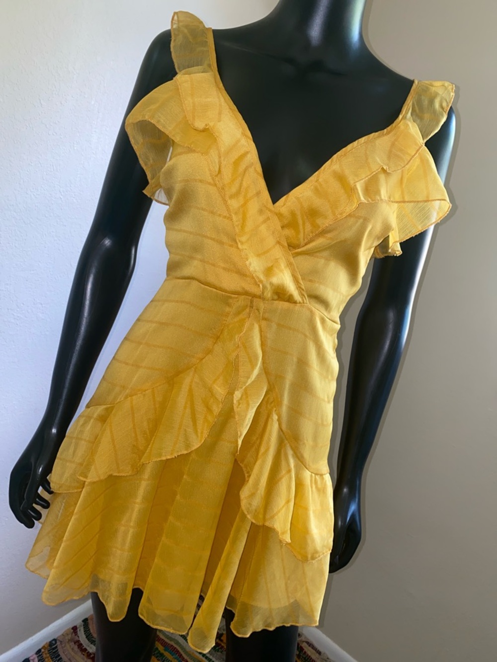 Yellow Ruffle V-Neck Women's Dress - Picture 2 of 13